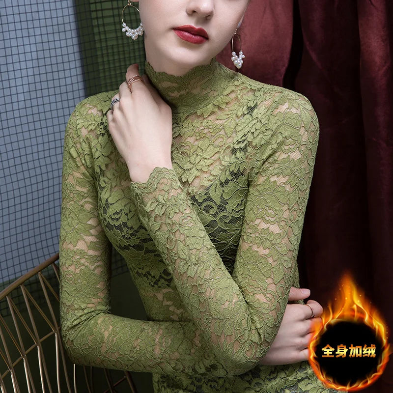 Chemisier Dentelle Col Montant Femme - Transparent Sexy Manches Longues Hiver