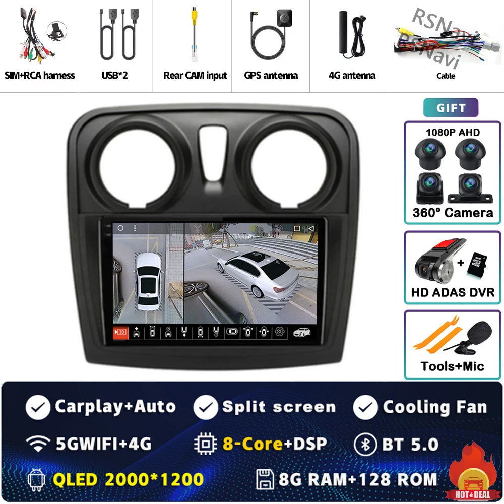 Radio Auto Android 15 Renault Sandero Logan 2 2014-2019 - 2K QLED CarPlay GPS