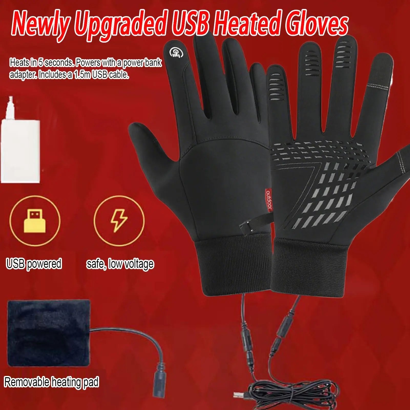 Gants Chauffants Électriques USB Écran Tactile - Ski Randonnée Camping Hiver