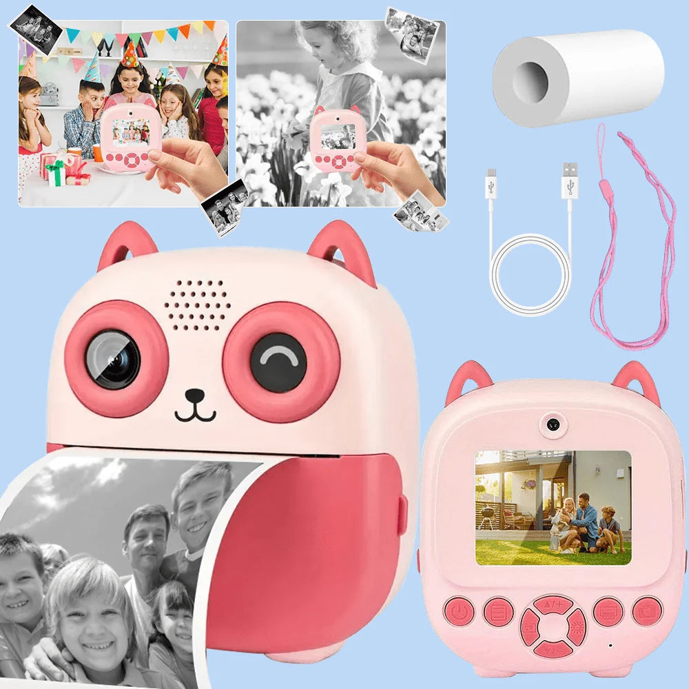 Instant Print Digital Camera - Mini Portable Photo Printer with Cute Cartoon Design, Instant Black & White Printing