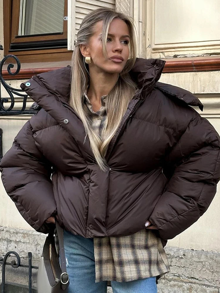 Veste Courte Femme Coton Capuche Marron - Col Montant Manches Longues Automne Hiver