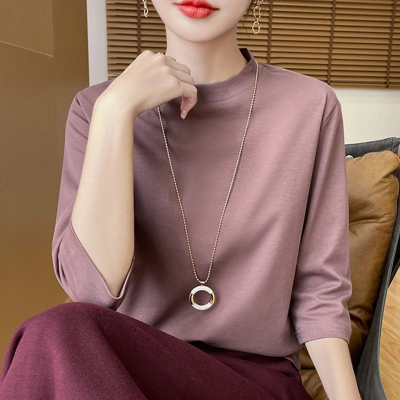 T-Shirt Femme Coton 100% Col Semi-Montant Manches Courtes - Loose Été Automne