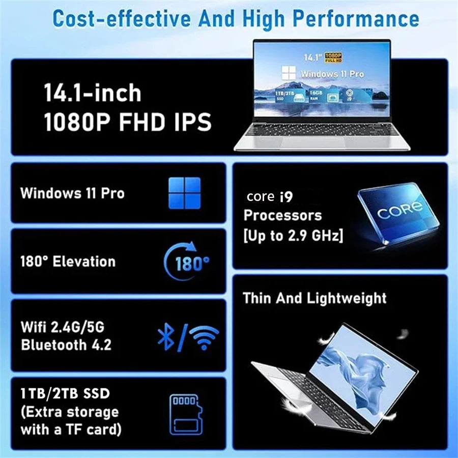 Laptop Core i9-9900U 16GB RAM 1/2TB SSD 14.1'' Windows 11 Pro - Gaming Bureau