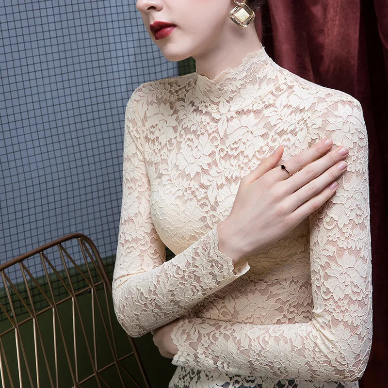 Chemisier Dentelle Col Montant Femme - Transparent Sexy Manches Longues Hiver