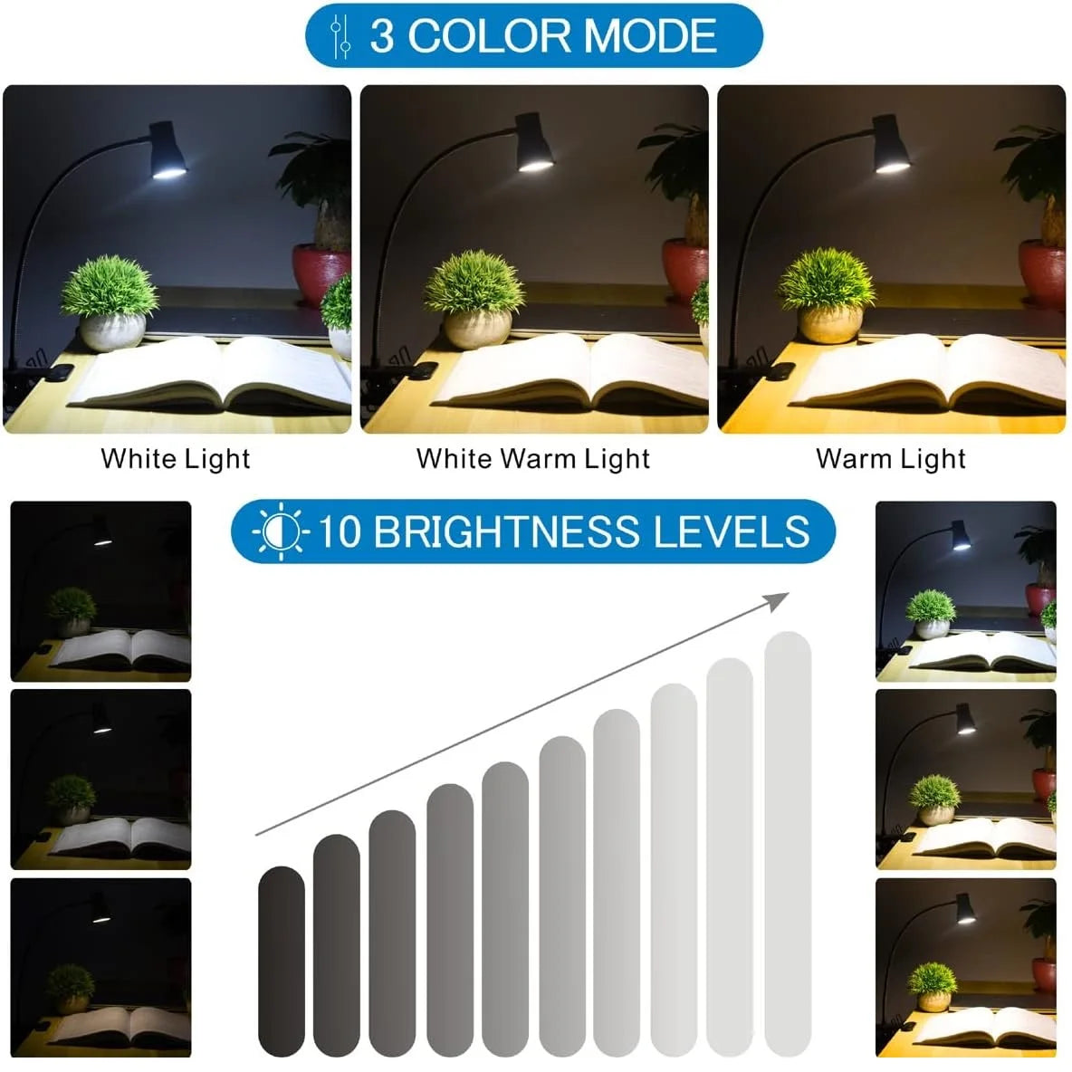 Lampe Bureau LED Clip Lecture Luminosité Ajustable - Flexible Étude Nuit