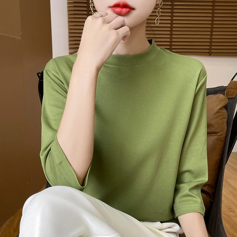 T-Shirt Femme Coton 100% Col Semi-Montant Manches Courtes - Loose Été Automne