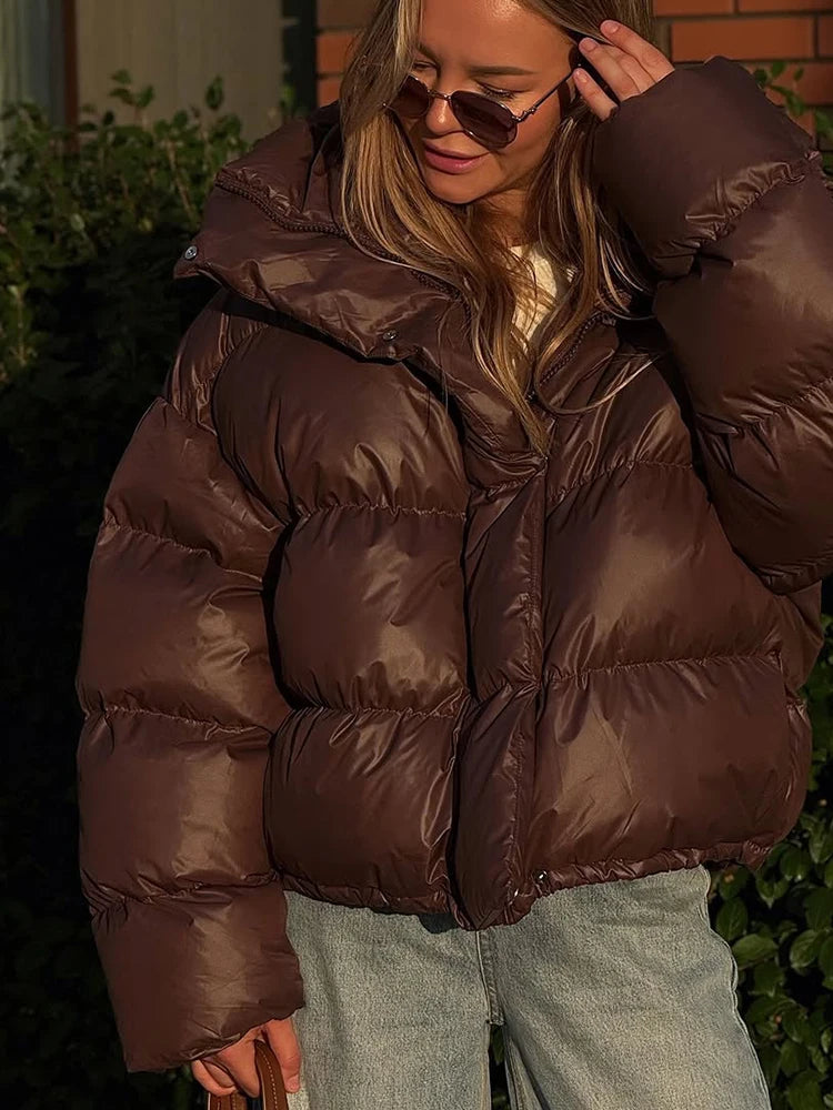 Veste Courte Femme Coton Capuche Marron - Col Montant Manches Longues Automne Hiver