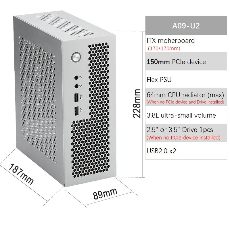 Boîtier ITX A09 3.8L Mini PC HTPC - Support PCIe SSD 2.5'' Portable