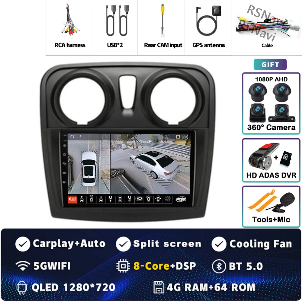 Radio Auto Android 15 Renault Sandero Logan 2 2014-2019 - 2K QLED CarPlay GPS