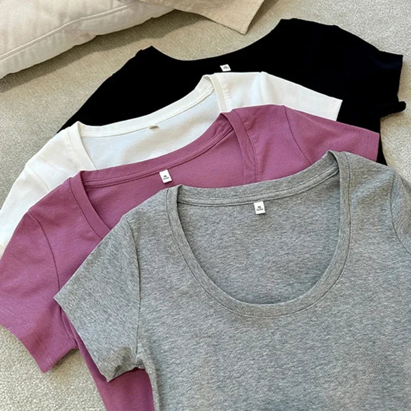 T-Shirt Femme Coton 2025 Col Rond Manches Courtes - Basique Slim Y2K