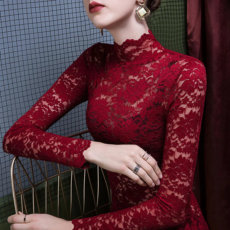 Chemisier Dentelle Col Montant Femme - Transparent Sexy Manches Longues Hiver