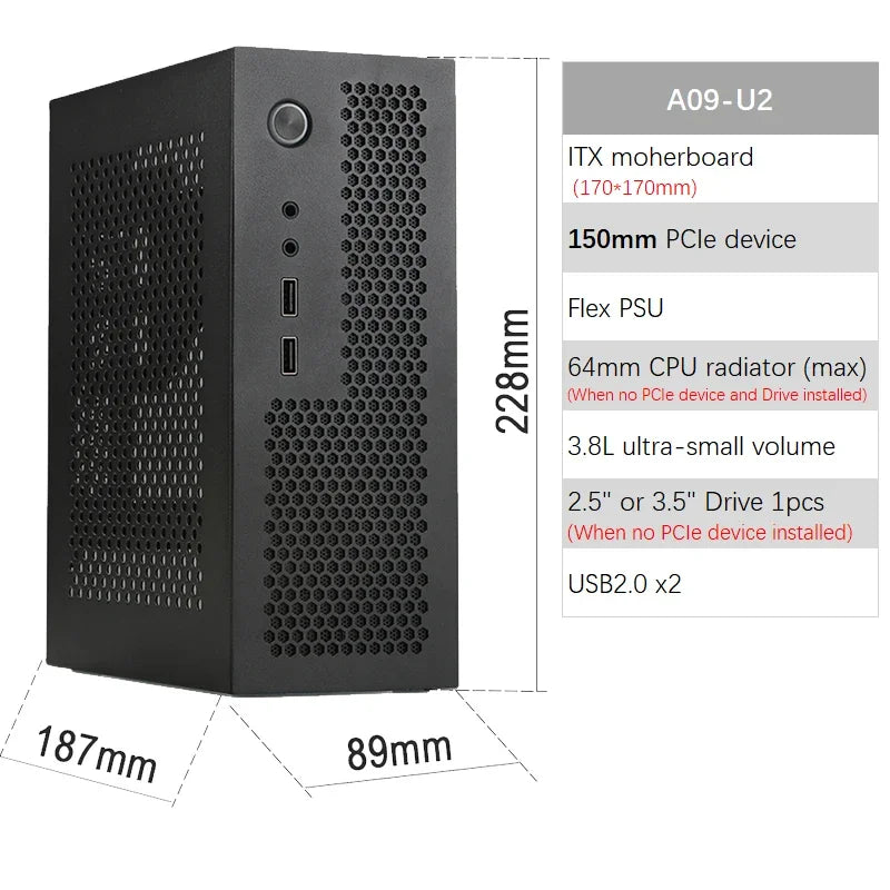 Boîtier ITX A09 3.8L Mini PC HTPC - Support PCIe SSD 2.5'' Portable