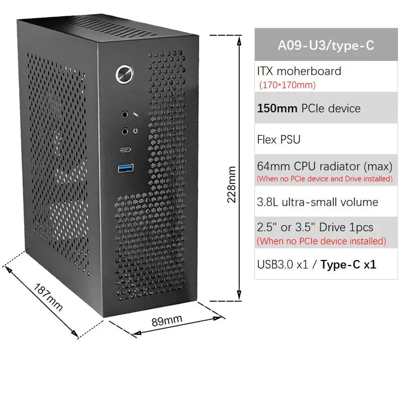 Boîtier ITX A09 3.8L Mini PC HTPC - Support PCIe SSD 2.5'' Portable