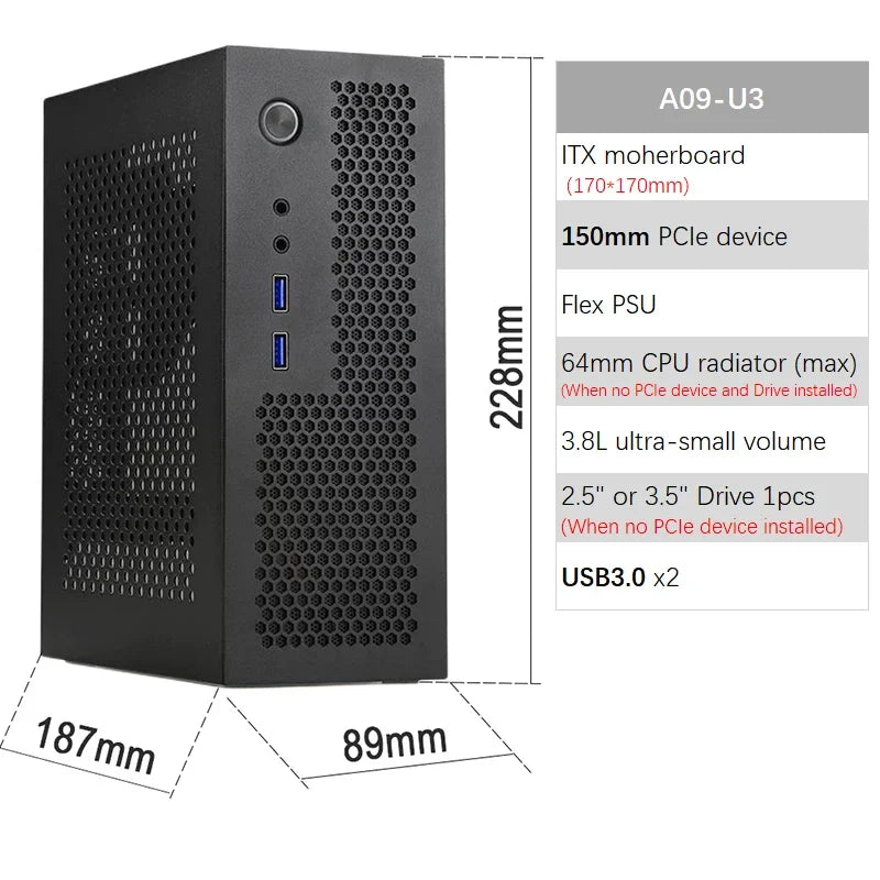 Boîtier ITX A09 3.8L Mini PC HTPC - Support PCIe SSD 2.5'' Portable
