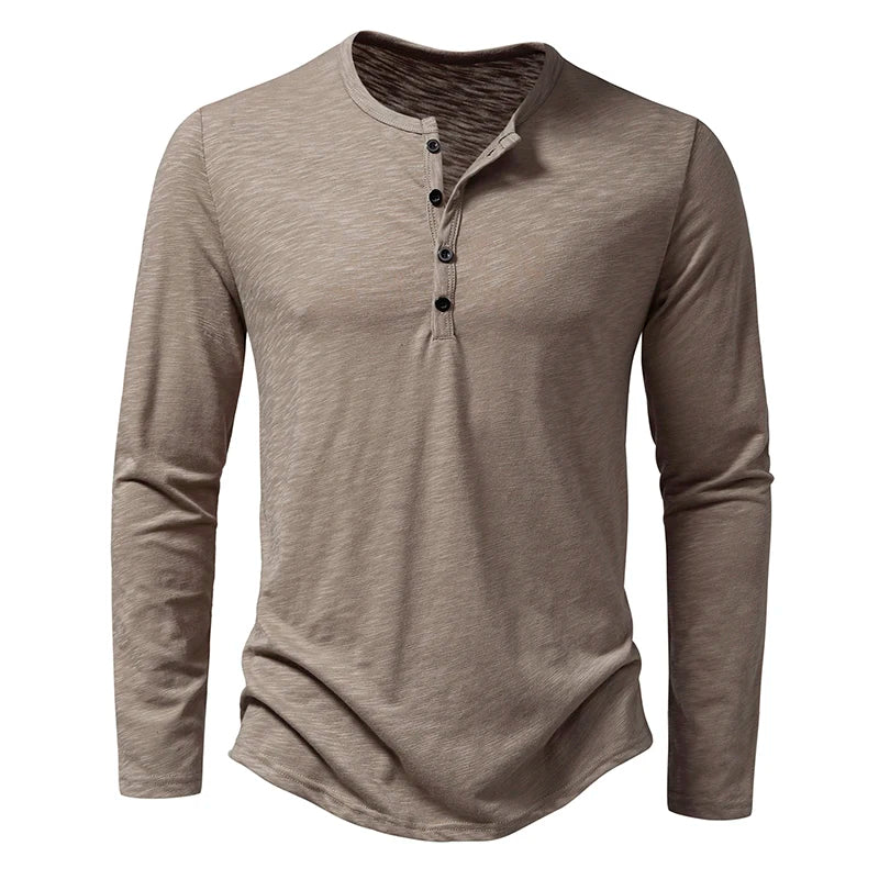 T-Shirt Henley Homme Coton Manches Longues - Col Boutonné Casual Respirant