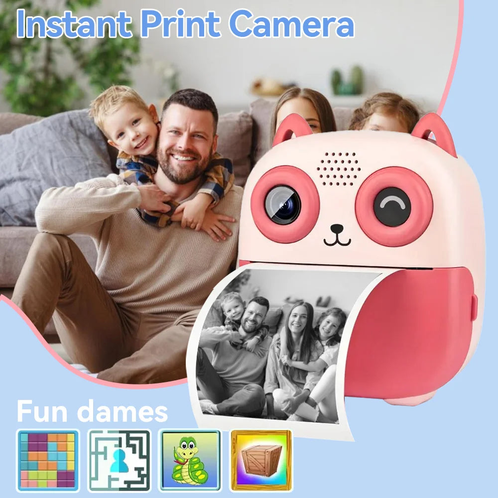 Instant Print Digital Camera - Mini Portable Photo Printer with Cute Cartoon Design, Instant Black & White Printing