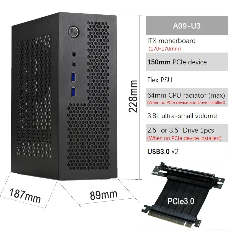 Boîtier ITX A09 3.8L Mini PC HTPC - Support PCIe SSD 2.5'' Portable