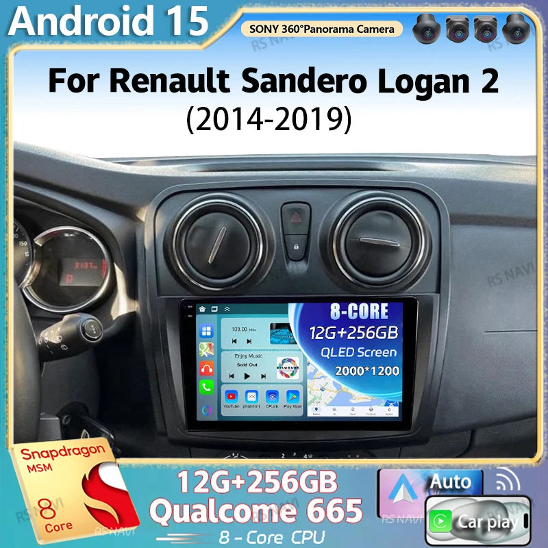 Radio Auto Android 15 Renault Sandero Logan 2 2014-2019 - 2K QLED CarPlay GPS