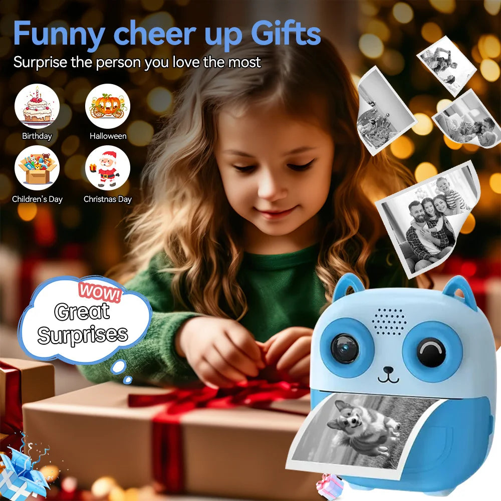 Instant Print Digital Camera - Mini Portable Photo Printer with Cute Cartoon Design, Instant Black & White Printing