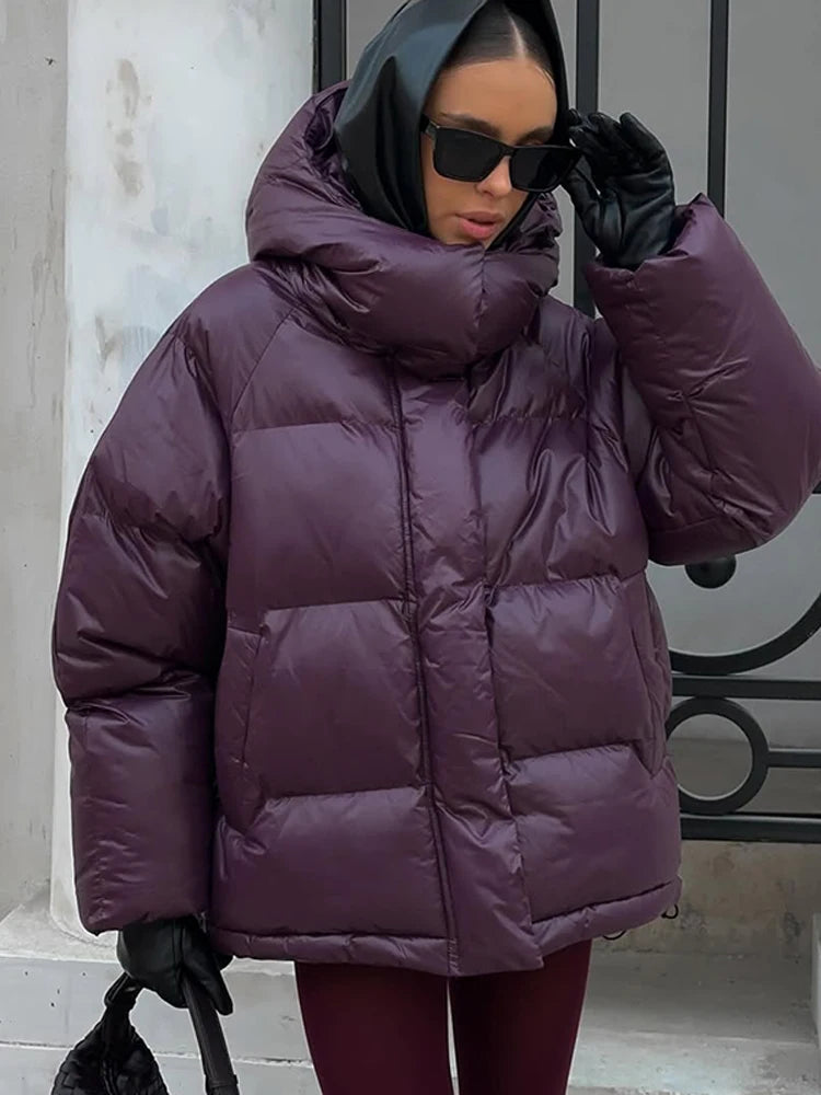 Veste Courte Femme Coton Capuche Marron - Col Montant Manches Longues Automne Hiver