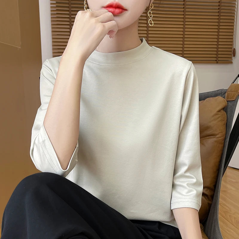 T-Shirt Femme Coton 100% Col Semi-Montant Manches Courtes - Loose Été Automne