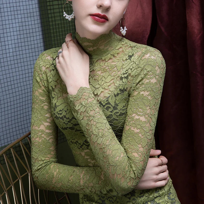 Chemisier Dentelle Col Montant Femme - Transparent Sexy Manches Longues Hiver