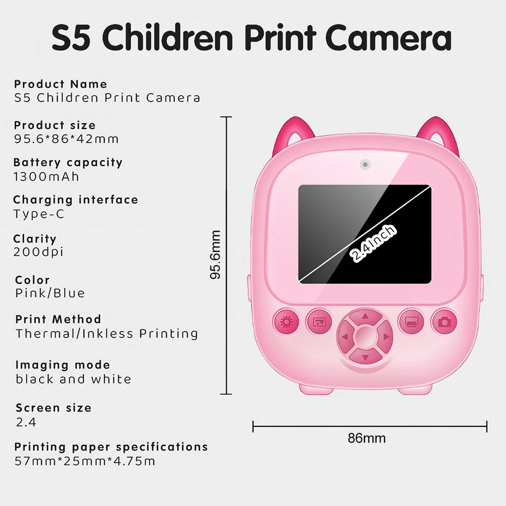 Instant Print Digital Camera - Mini Portable Photo Printer with Cute Cartoon Design, Instant Black & White Printing
