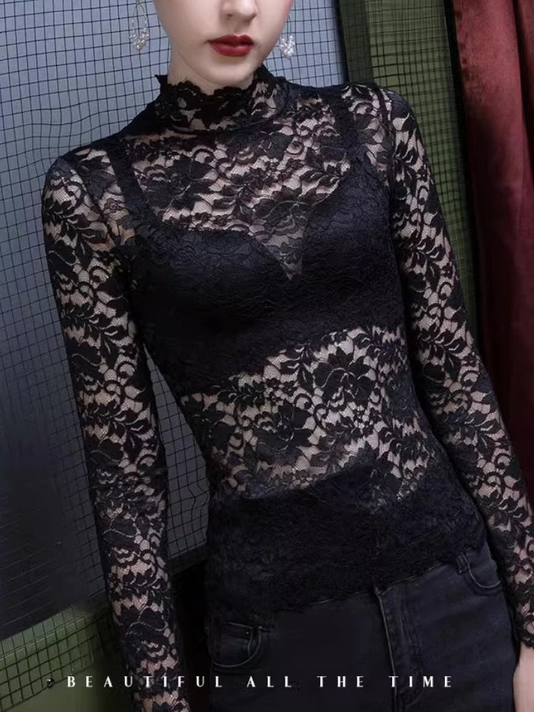 Chemisier Dentelle Col Montant Femme - Transparent Sexy Manches Longues Hiver