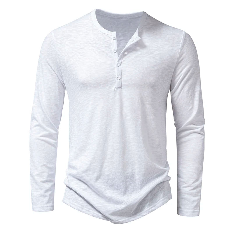 T-Shirt Henley Homme Coton Manches Longues - Col Boutonné Casual Respirant