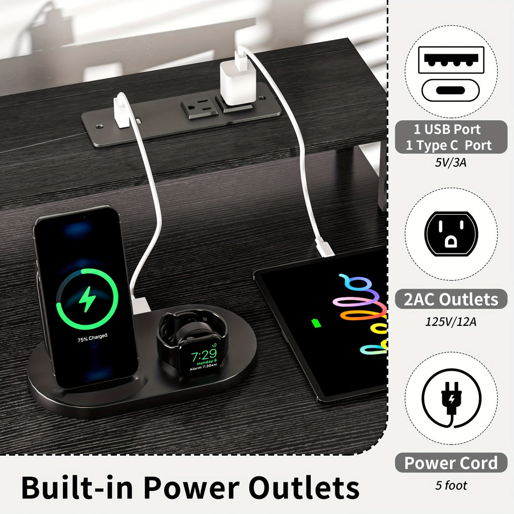 Bureau Gaming LED avec Tiroirs et Prises - Support Moniteur Clavier Maison Bureau