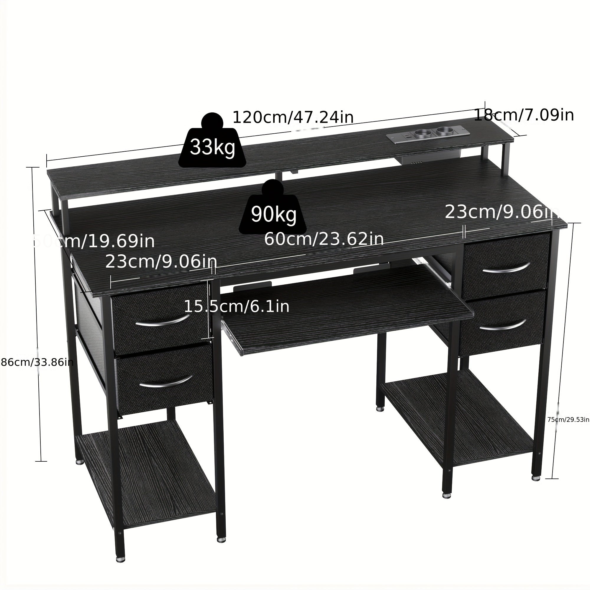 Bureau Gaming LED avec Tiroirs et Prises - Support Moniteur Clavier Maison Bureau