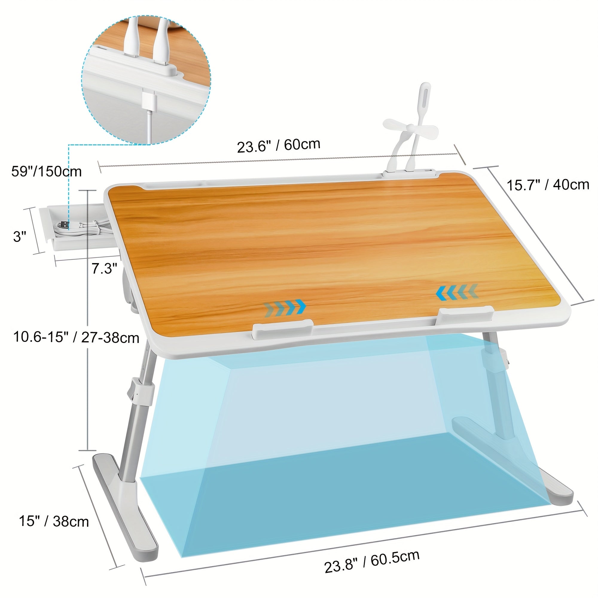 Table Laptop Pliable Lit Hauteur Ajustable - Bureau Ergonomique Tiroir Rangement