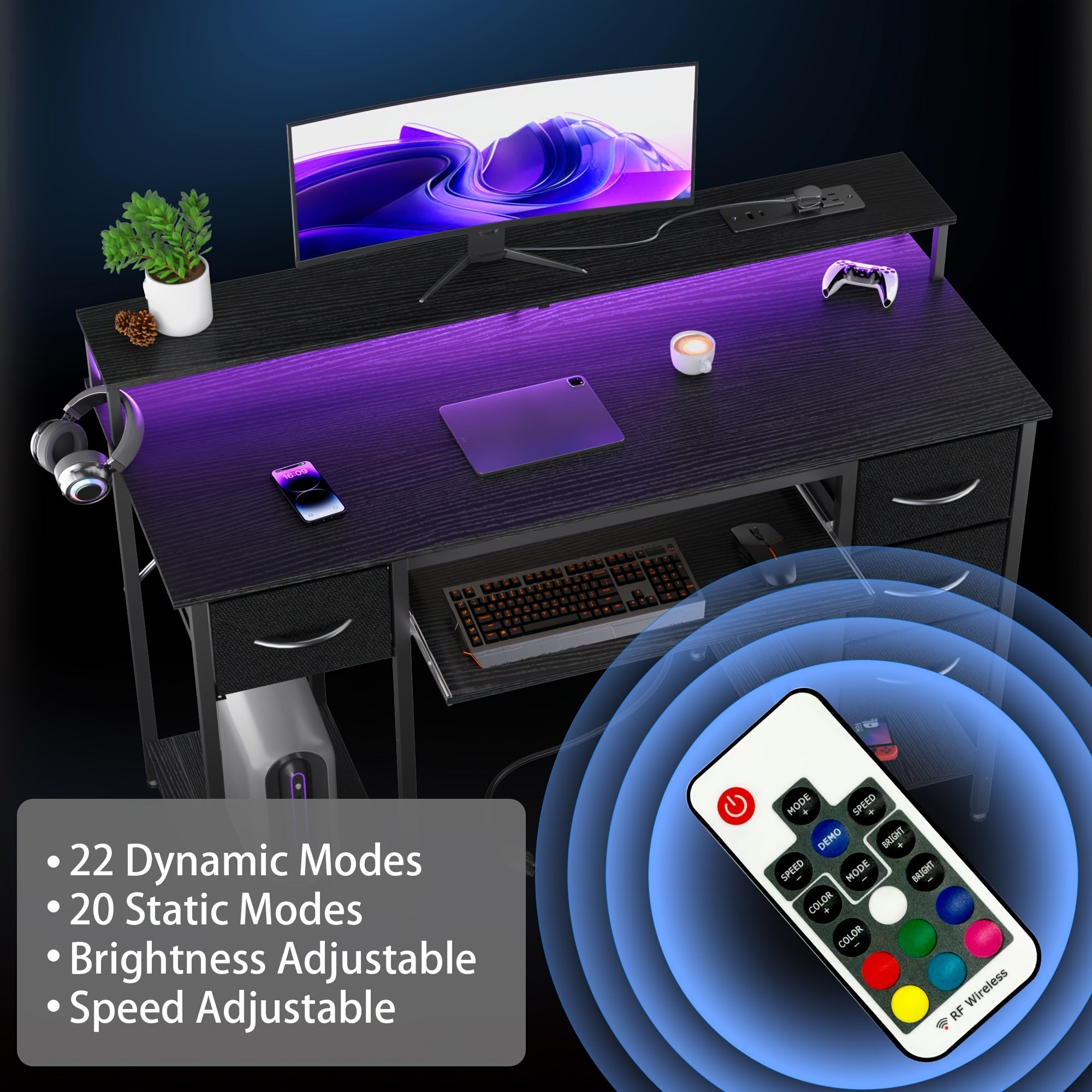 Bureau Gaming LED avec Tiroirs et Prises - Support Moniteur Clavier Maison Bureau