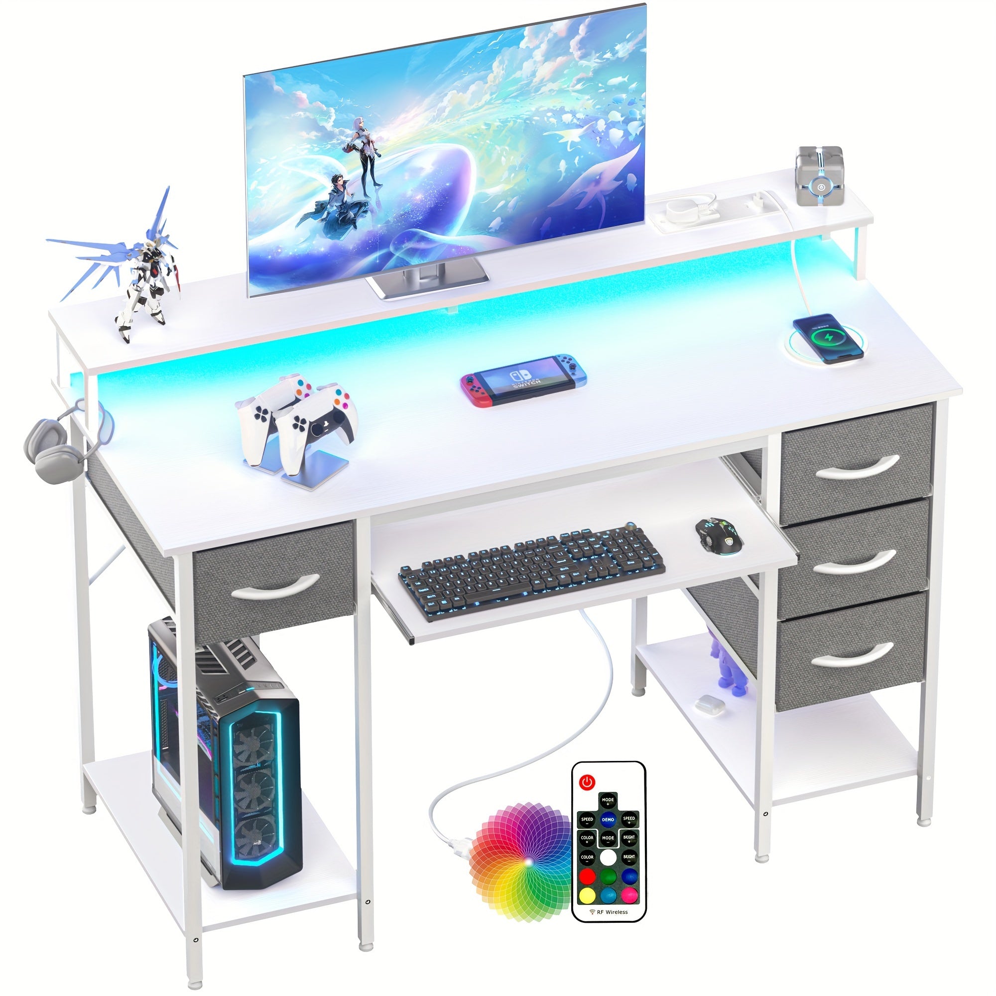 Bureau Gaming LED avec Tiroirs et Prises - Support Moniteur Clavier Maison Bureau