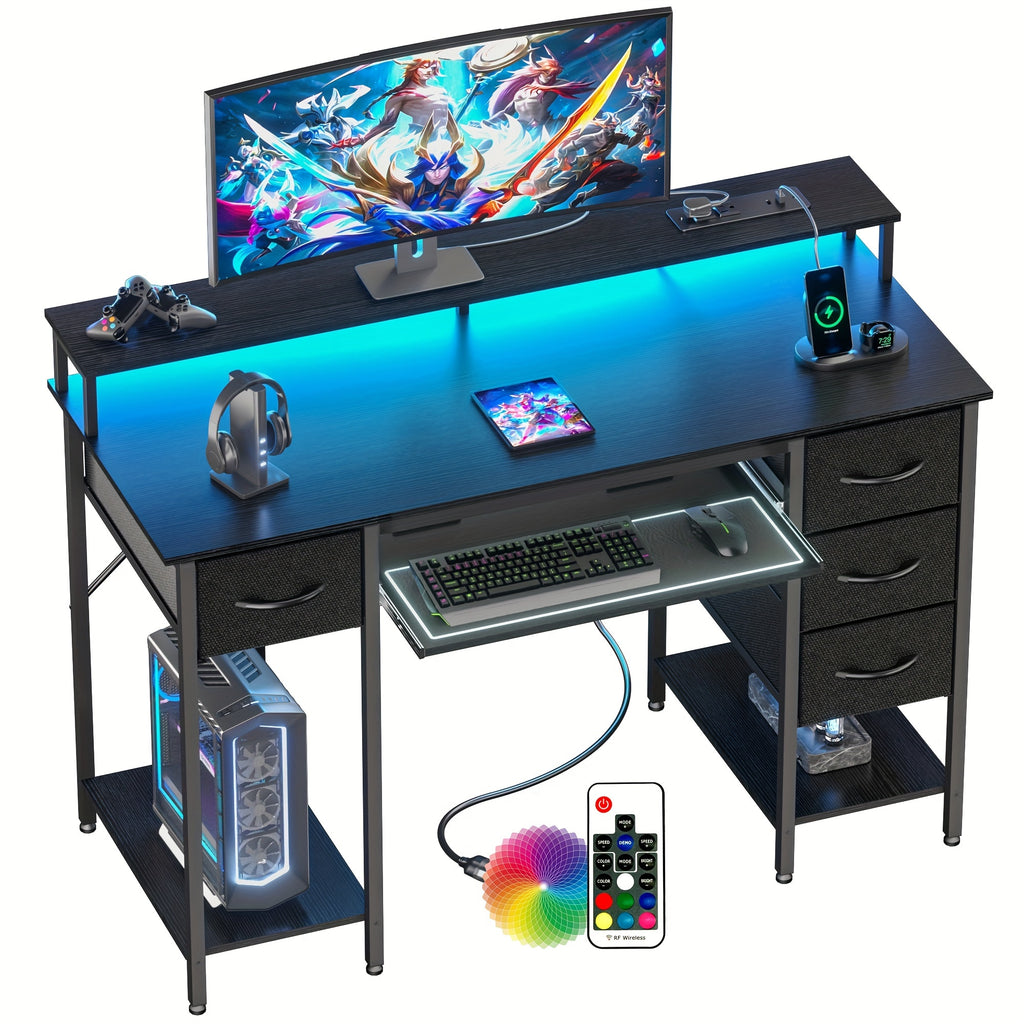 Bureau Gaming LED avec Tiroirs et Prises - Support Moniteur Clavier Maison Bureau