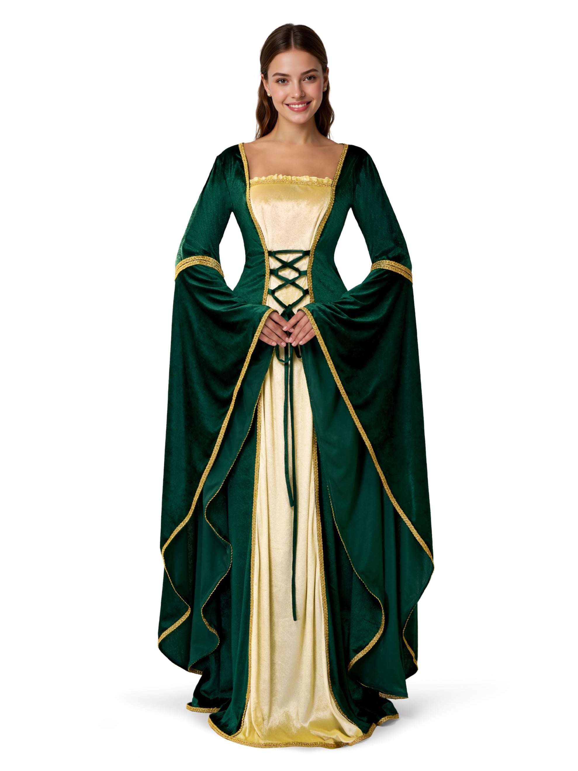 Robe Renaissance Irlandaise Verte - Costume Médiéval Encolure Carrée